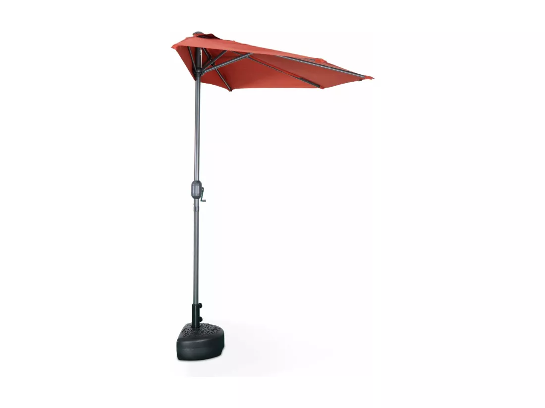 Parasol de balcon Ø250cm – CALVI – Demi-parasol droit. mât central en aluminium avec manivelle d’ouverture. toile terracotta