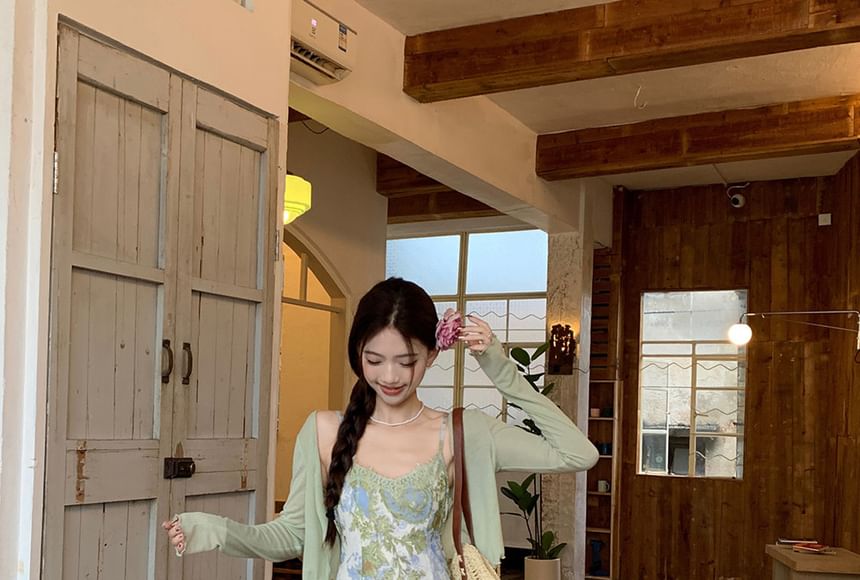 Trendycas - Effen Cardigan / Spaghettibandjes Bloemen Maxi Zomerjurk