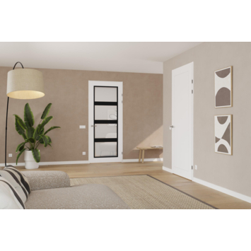 Arne & Bodil binnendeur ABB102 mat glas met blanke rand - extra wit afgelakt - glaslat diep zwart