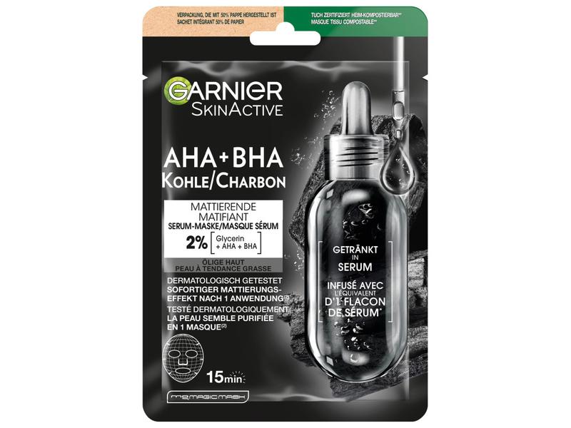 Garnier Gesichtsmaske Charcoal 1 Stück Tuchmaske erfrischt die Haut und mildert sichtbar die Poren