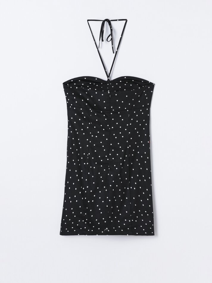 Vestido com estampa de bolinhas e detalhe floral - Preto