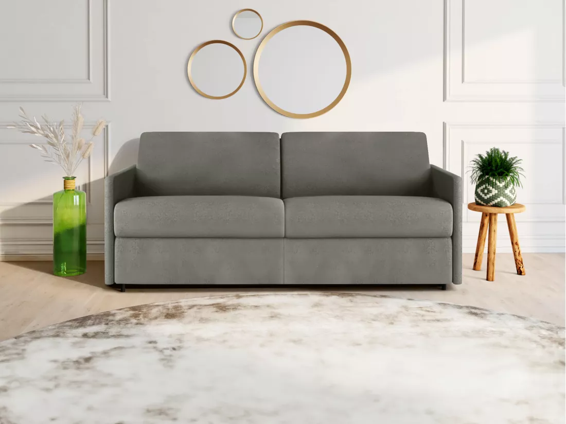 Canapé 4 places convertible express en tissu gris clair - Couchage 160 cm - Matelas 18 cm CALIFE