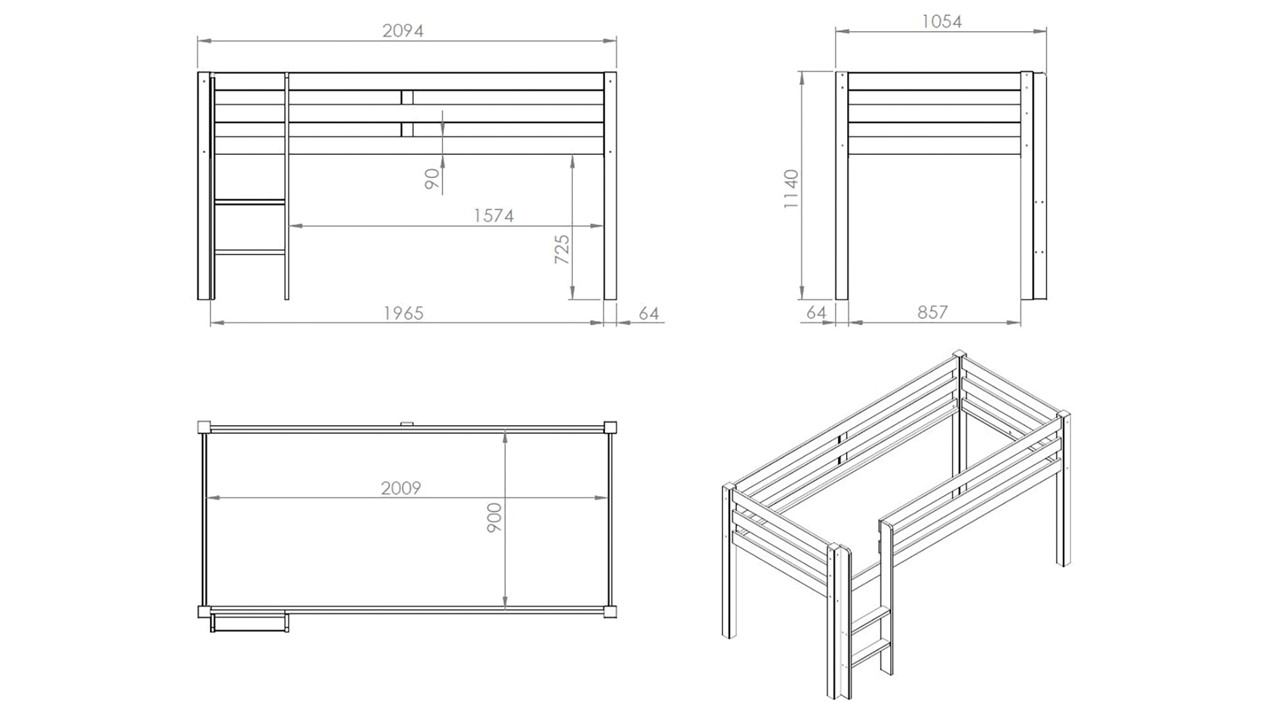 Halfhoogslaper Pino met commode met 2 deuren en boekenkast white