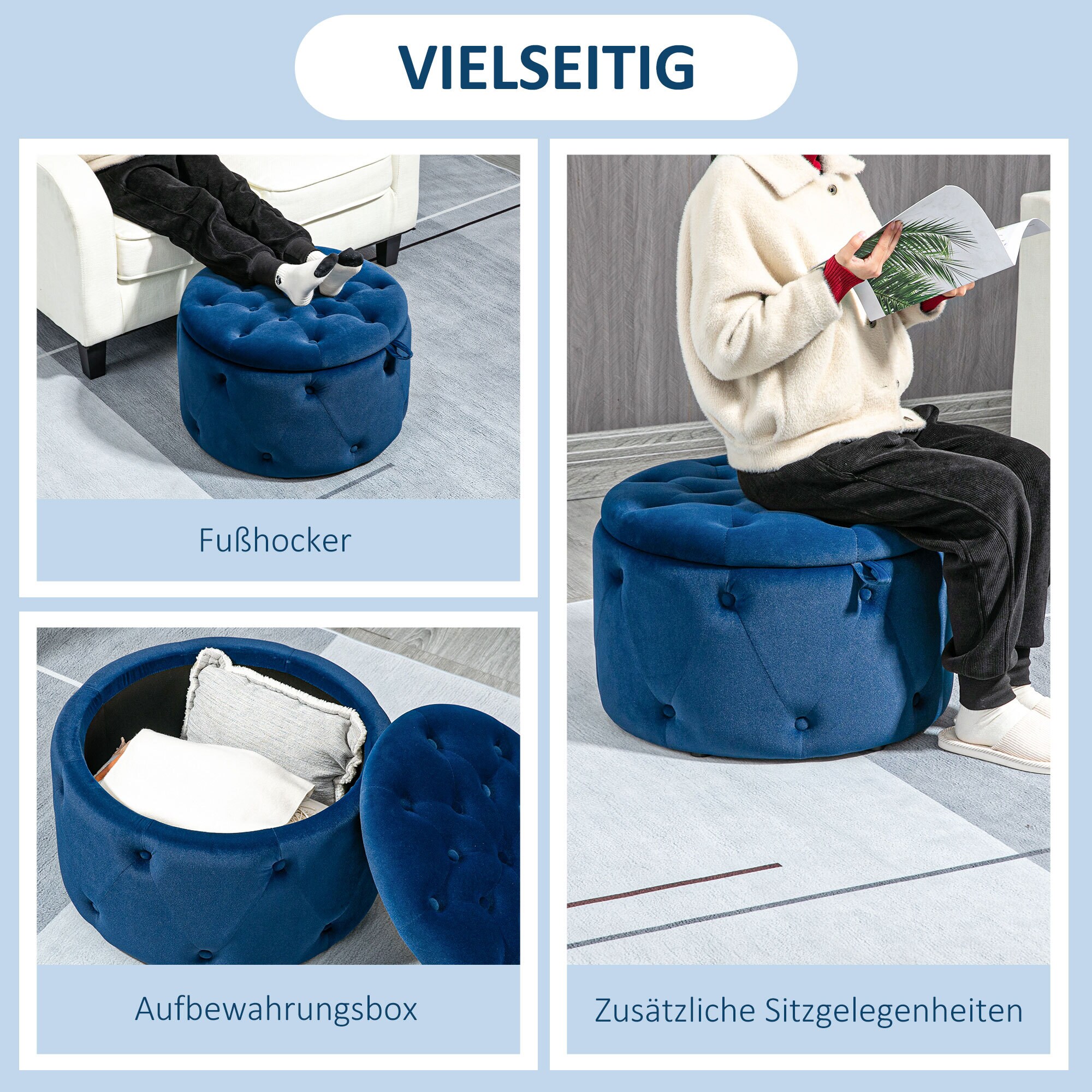 HOMCOM Ottomane mit Stauraum blau Ø60 x 40H cm