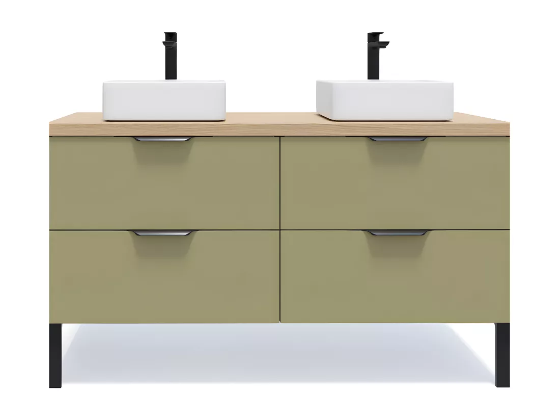 Meuble de salle de bain suspendu 2 vasques à poser 140cm 4 tiroirs Vert olive - Soho