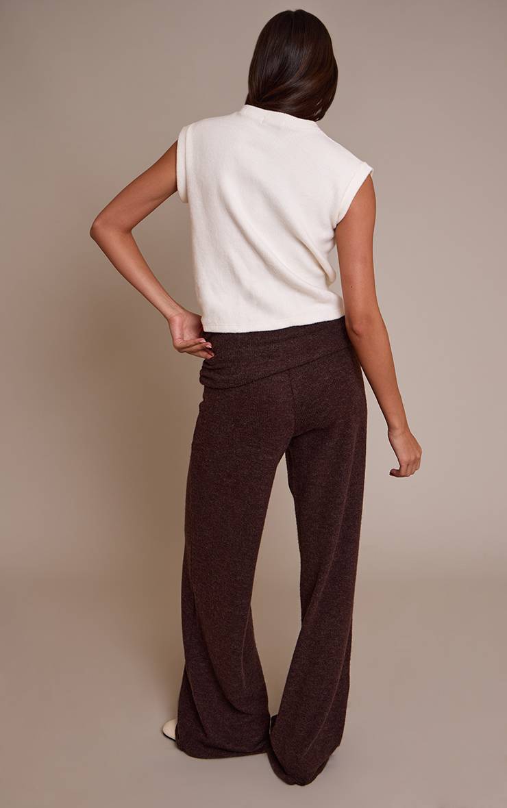 Chocolat Pantalon Droit À Taille Repliée Aspect Laine