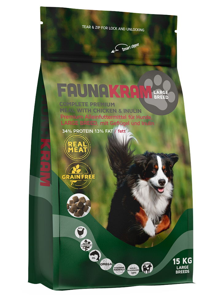 Faunakram- 15 kg.HundefoderLarge breed med frisk kød , kylling , Kornfri