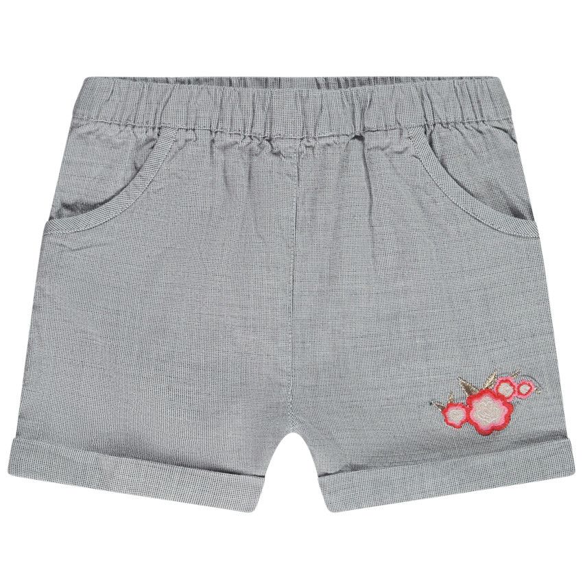 Short à mini carreaux et broderie fleurs pour bébé fille - Bleu marine