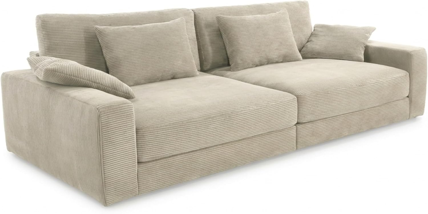Großes Big-Sofa mit Bonellfederkern-Polsterung B290/T135/H90 cm, Lounge-Couch mit Rückenkissen und Zierkissen, weicher und robuster Trend-Bezug aus Cord in Beige Grau / 15251
