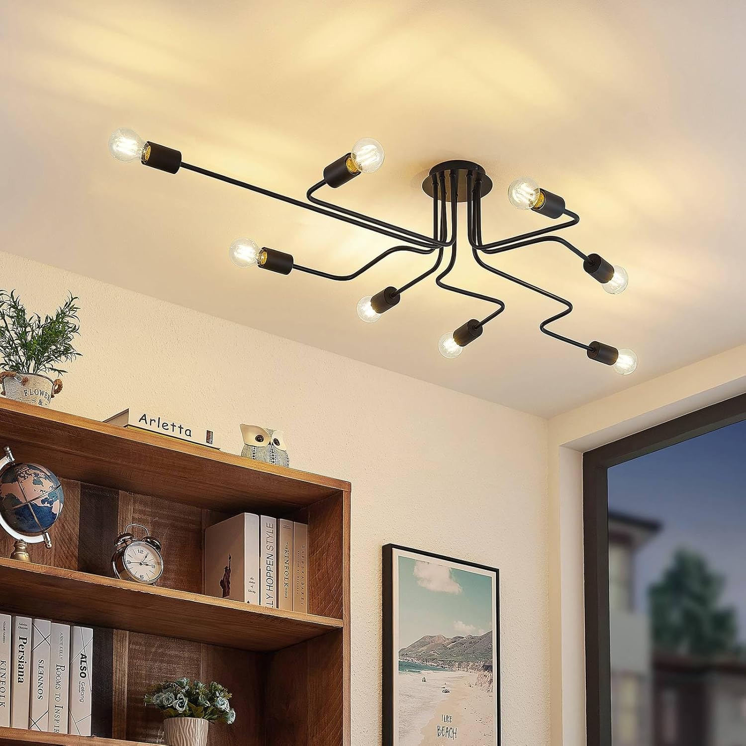 Lindby Deckenlampe Elimar (Retro, Vintage Antik) in Schwarz aus Metall (8 flammig E27) - Deckenleuchte Lampe Wohnzimmerleuchte