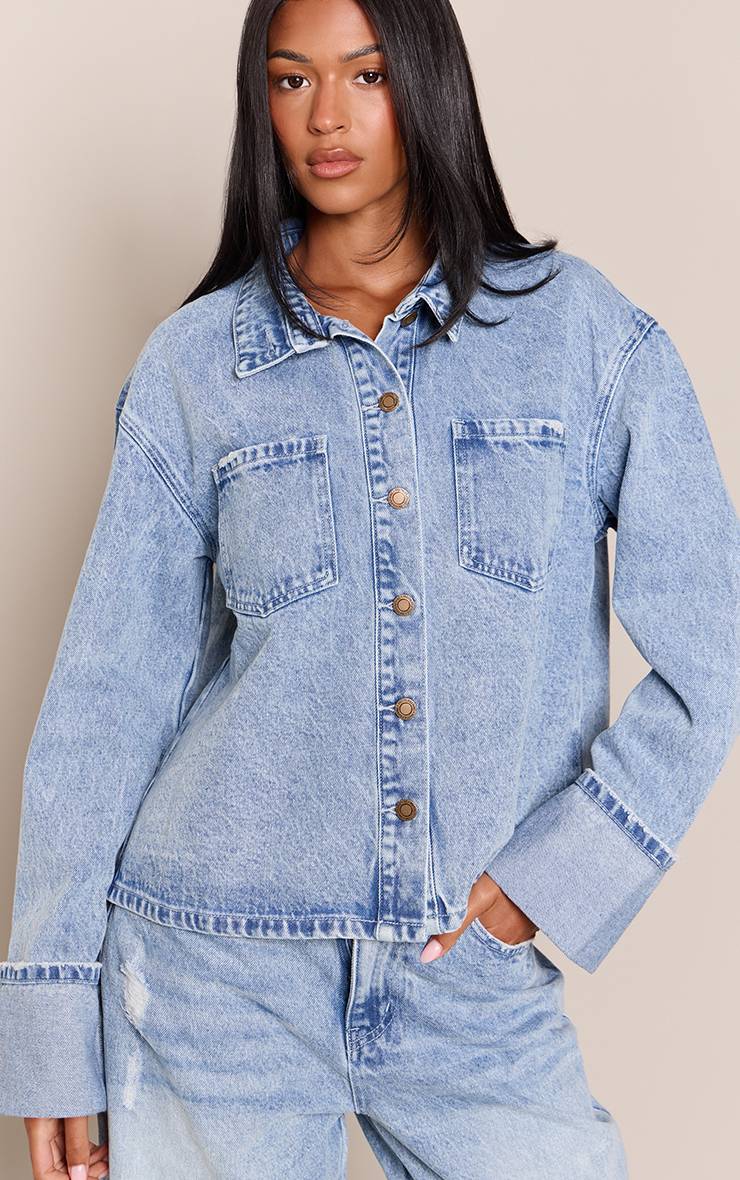 Bleu Délavé Veste En Jean Délavé Bleu Moyen Recadrée Avec Revers Aux Poignets Tall