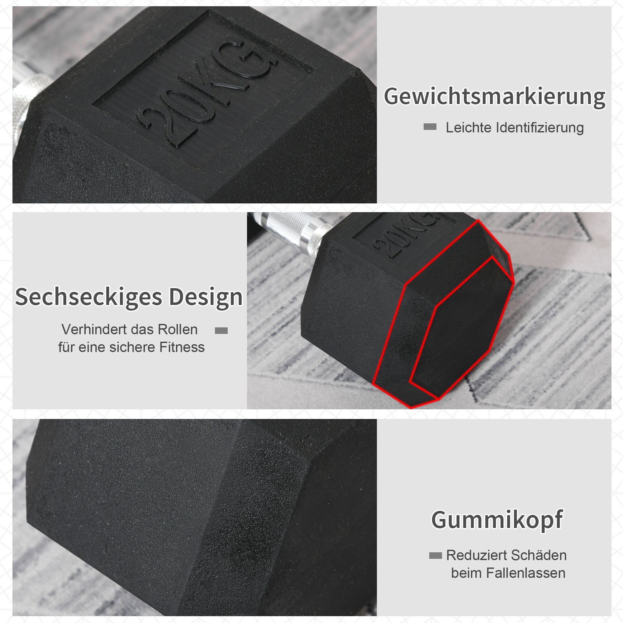 HOMCOM Gummihantel 20 kg sechseckig schwarz