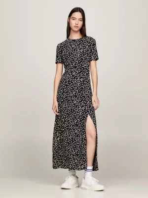 Vestido midi com fenda e estampa floral miúda