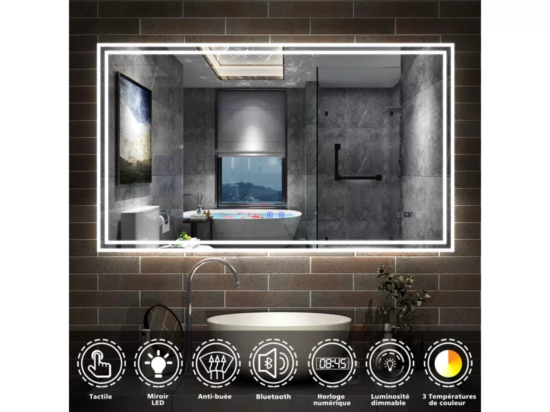 Miroir Salle de Bain LED avec Bluetooth 120x70cm, Horloge+3 Couleurs Dimmable+Anti-buée Aica