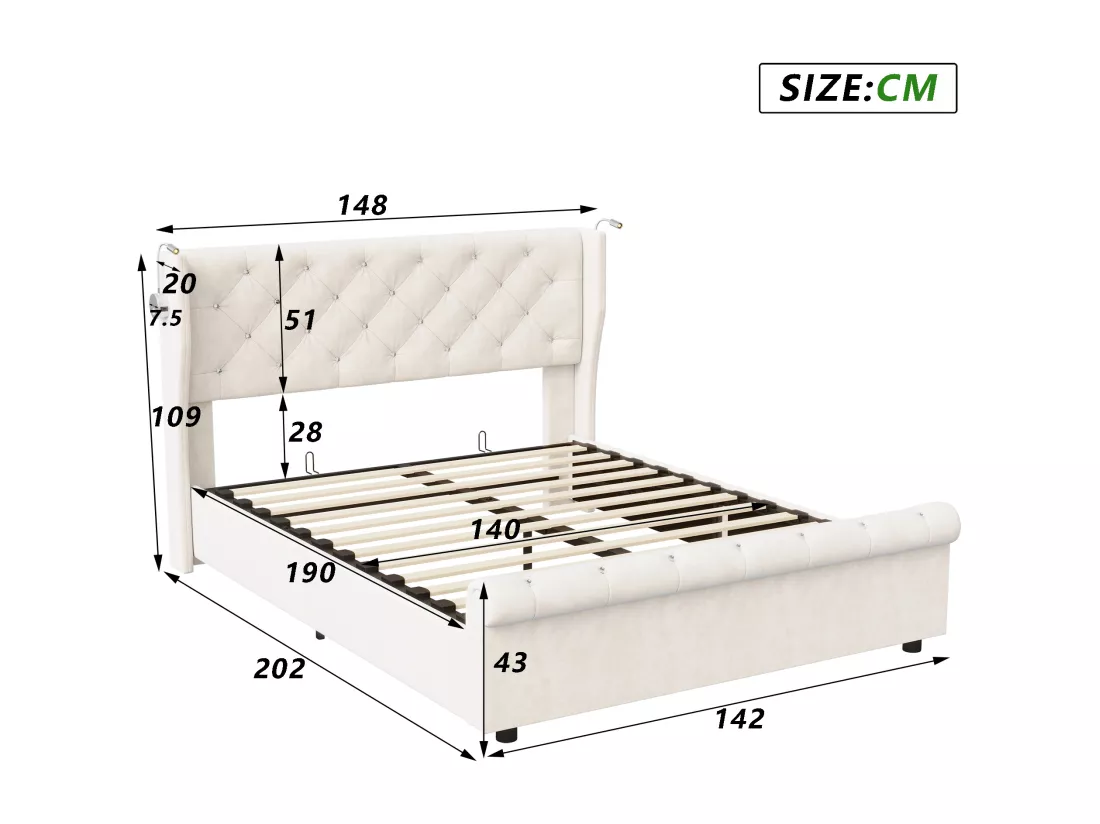 Lit coffre 140x190cm avec rangements, avec tête de lit, liseuse avec chargement USB, sommier à lattes, cadre de lit, lit double style contemporain, Beige