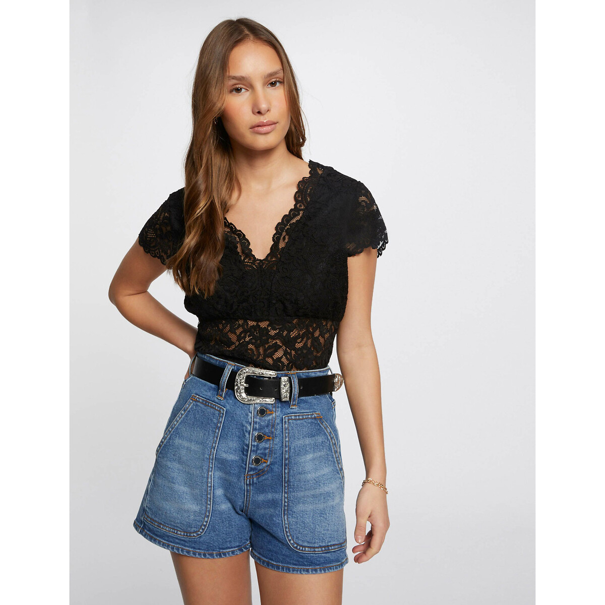 MORGAN<br>Camiseta com renda e decote em V