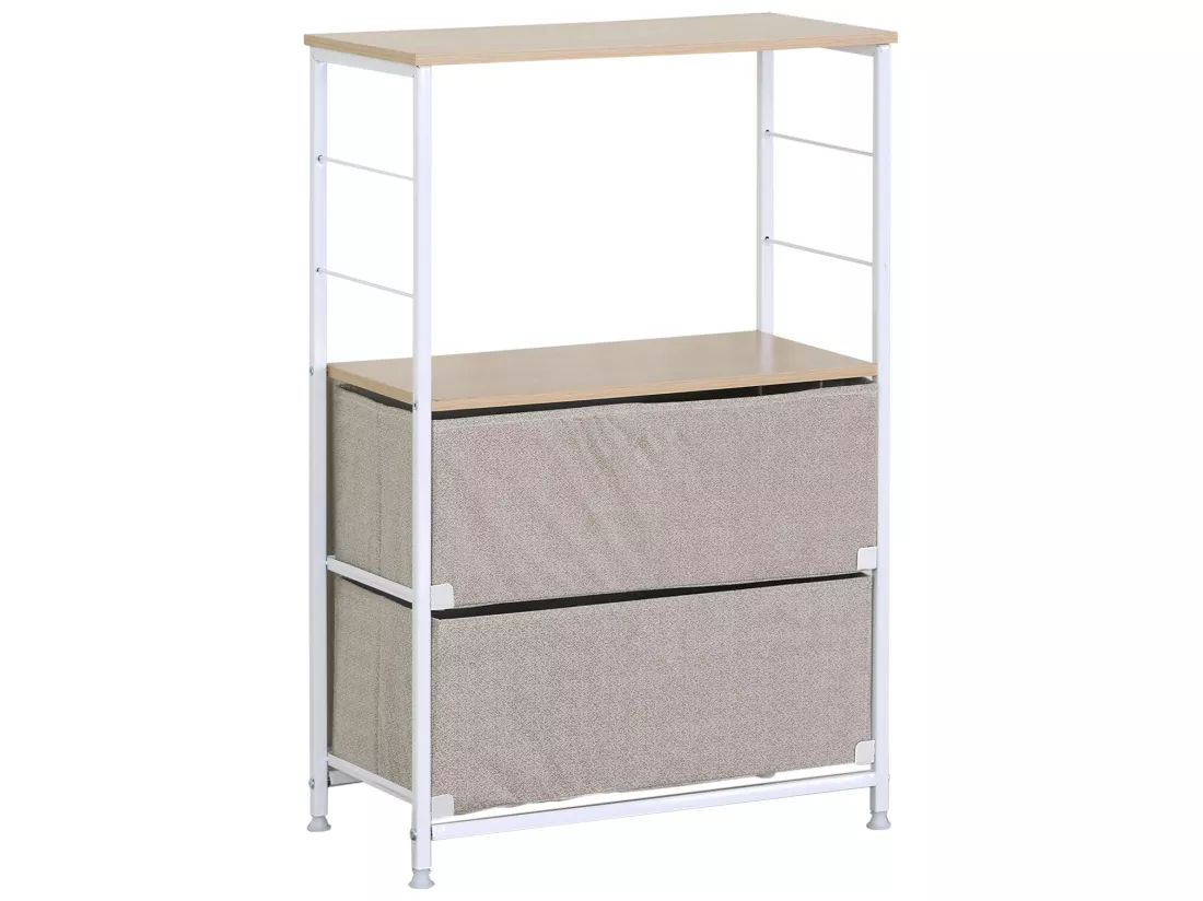 Meuble a tiroirs Bois Métal et Tissu Blanc Beige 1 étagère