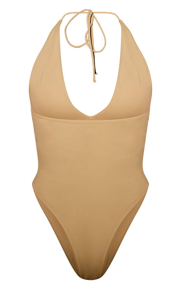 Vert Olive Maillot De Bain Échancré À Fleurs Brodées