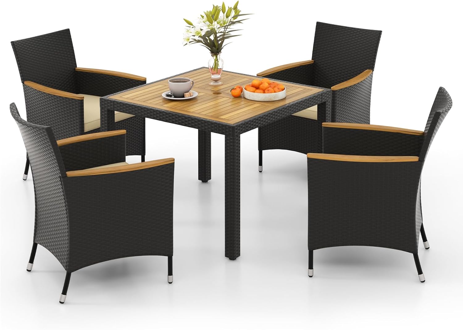 COSTWAY 5 TLG. Rattan Gartenmöbel Set, Sitzgruppe für 4 Personen, Gartentisch mit Tischplatte aus Akazienholz, 4 Stühle & Kissen, Terrassenmöbel, Balkonmöbel, Gartengarnitur, Sitzgarnitur, Essgruppe