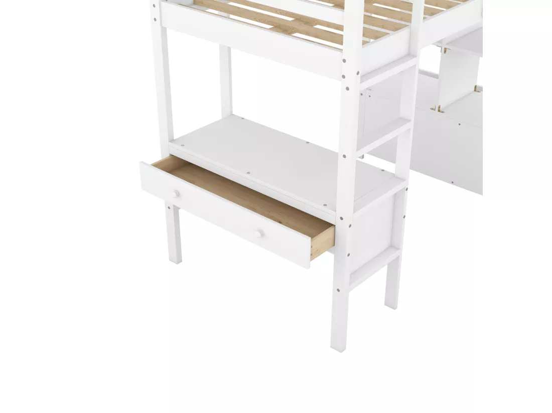 Lit mezzanine 90x200cm pour enfant - lit surélevé avec tiroirs de rangement, bureau et bibliothèque de rangement sous le lit - blanc