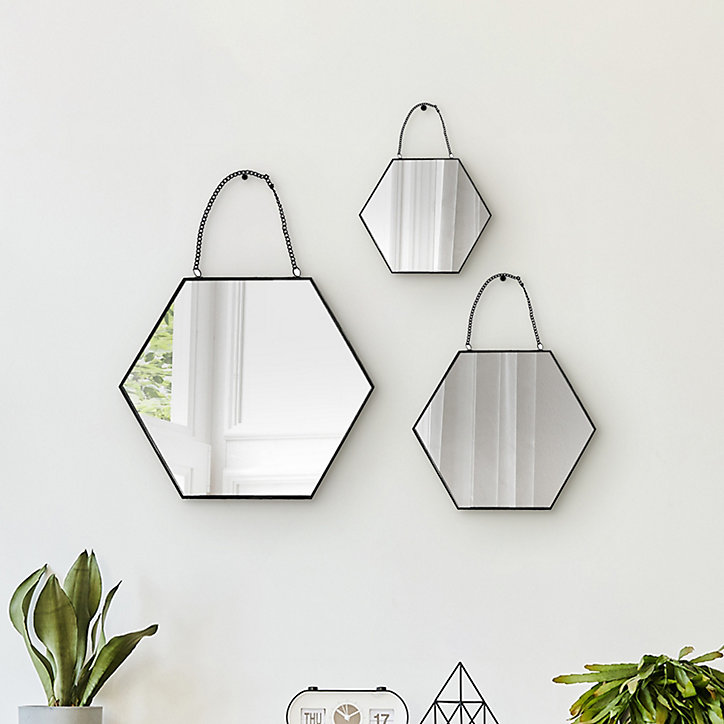 Lot 3 miroirs hexagonaux noir 15x15 cm, 20x20 cm, 25x25 cm Dada Art