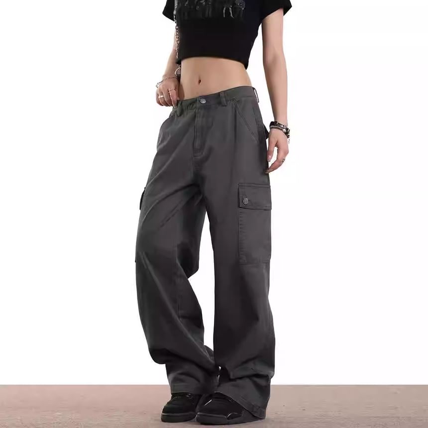 Rosesand - Low Rise Plain Pocket Straight-Fit Wijde Cargobroek