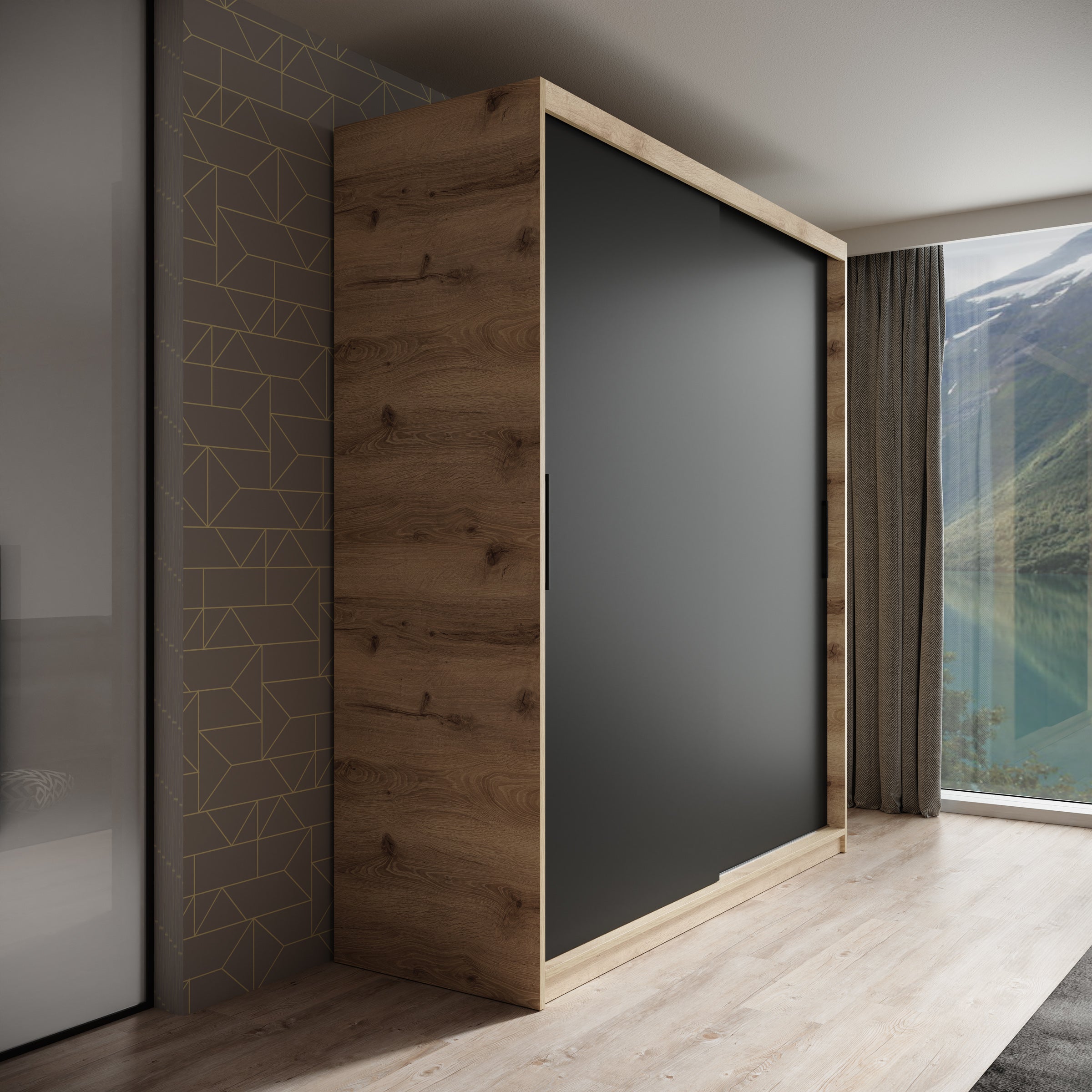 Luxor - Kledingkast met schuifdeuren - Zwart/eiken - 180x62x200 cm