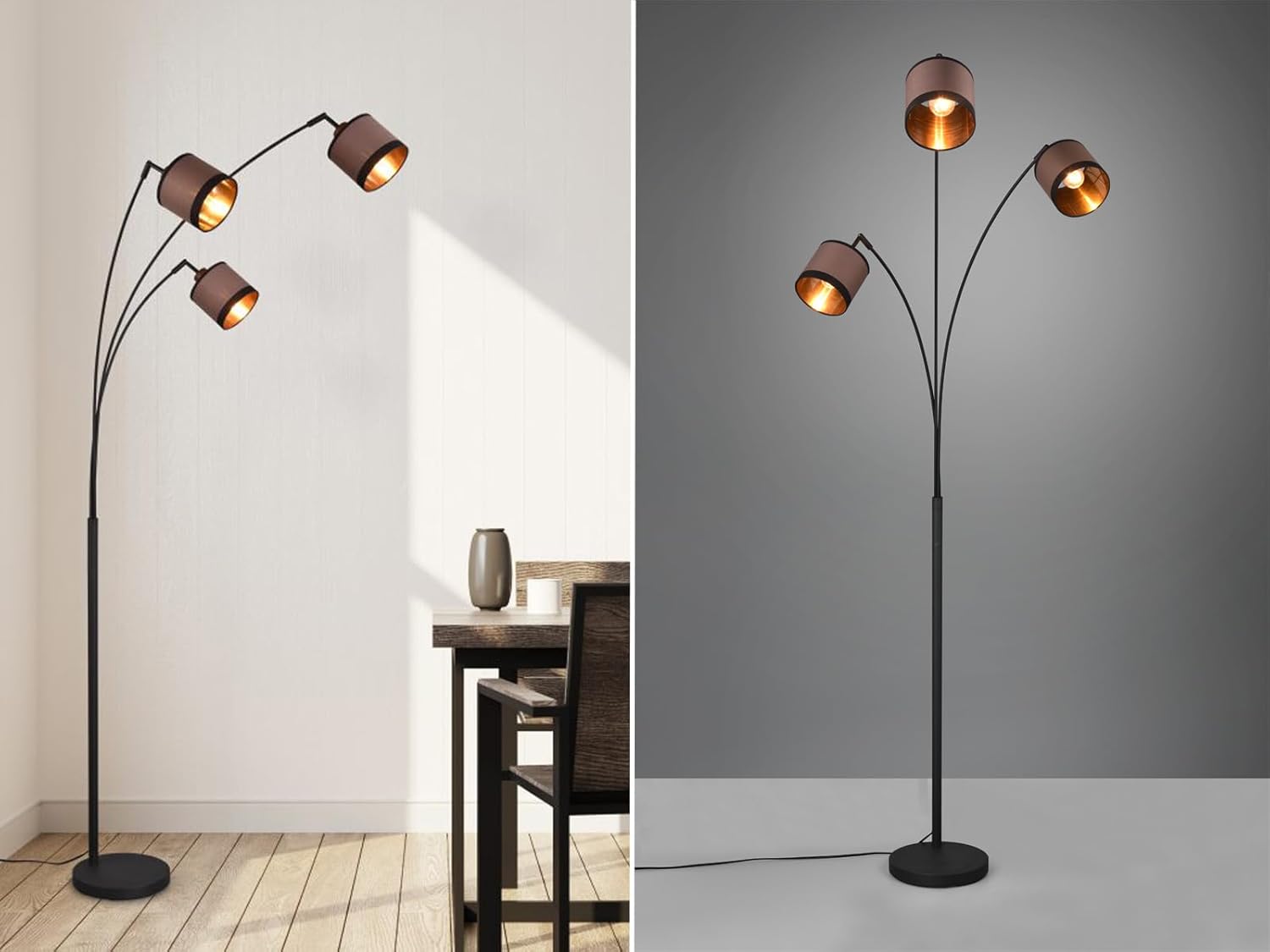 RL LIVE YOUR LIGHT Große Stehleuchte DAVOS 3-flammig mit Stoffschirmen in Taupe/Gold, Höhe 185cm