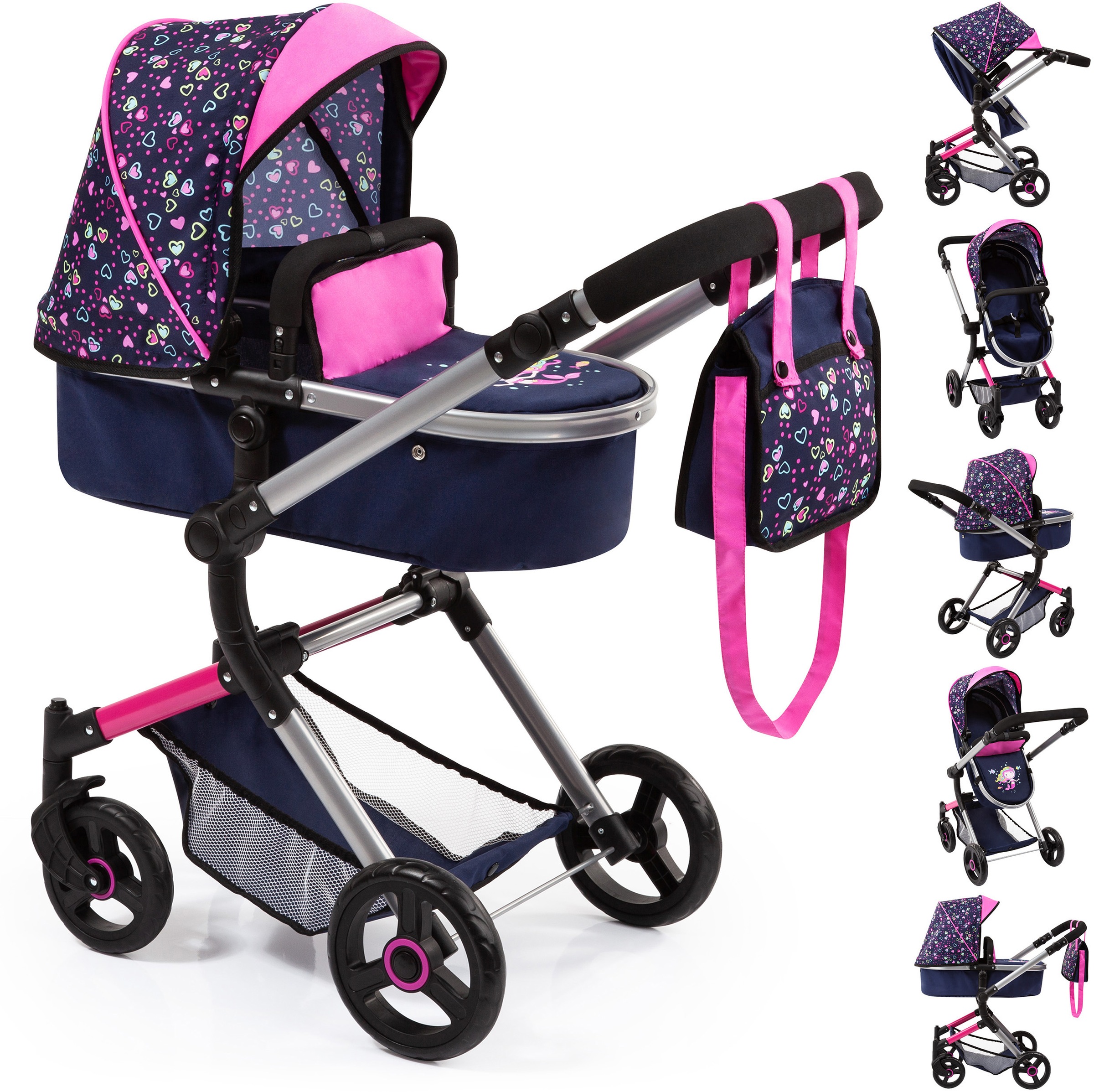 Bayer Kombi-Puppenwagen »Vario, Blau/Pink/Herzchen« inkl. Wickeltasche