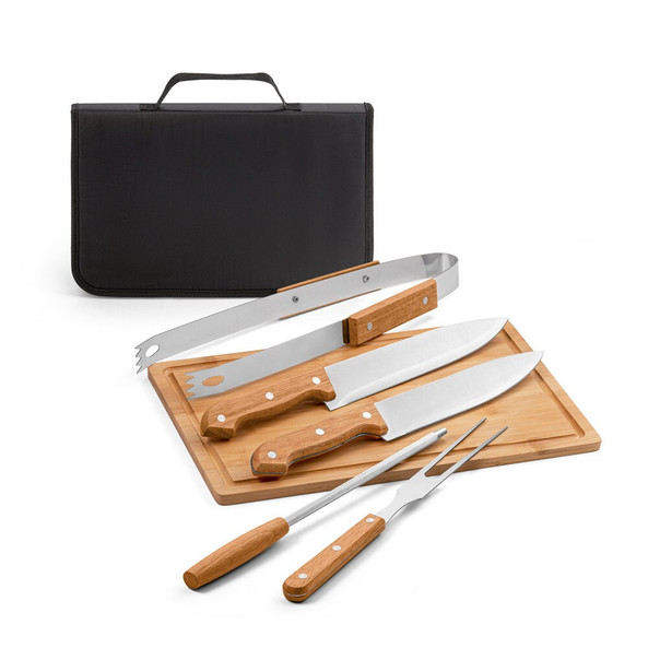 hi!dea 54142 - Ensemble de 5 pièces pour barbecue en bois et acier inoxydable et une planche de bambou