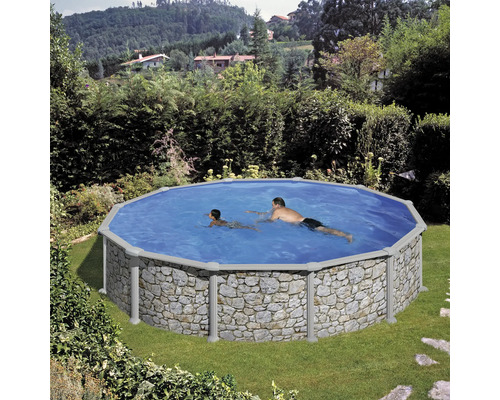 Opzetzwembadset van staalwand Solo rond Ø 460x120 cm incl. ingebouwde skimmer, steenlook
