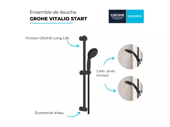 Pommeau de douche GROHE Vitalio Start 2 jets avec barre noir mat