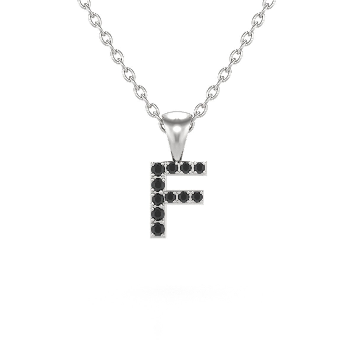 Collier Pendentif ADEN Lettre F Or 750 Blanc Diamant Noir Chaine Or 750 incluse 0.72grs