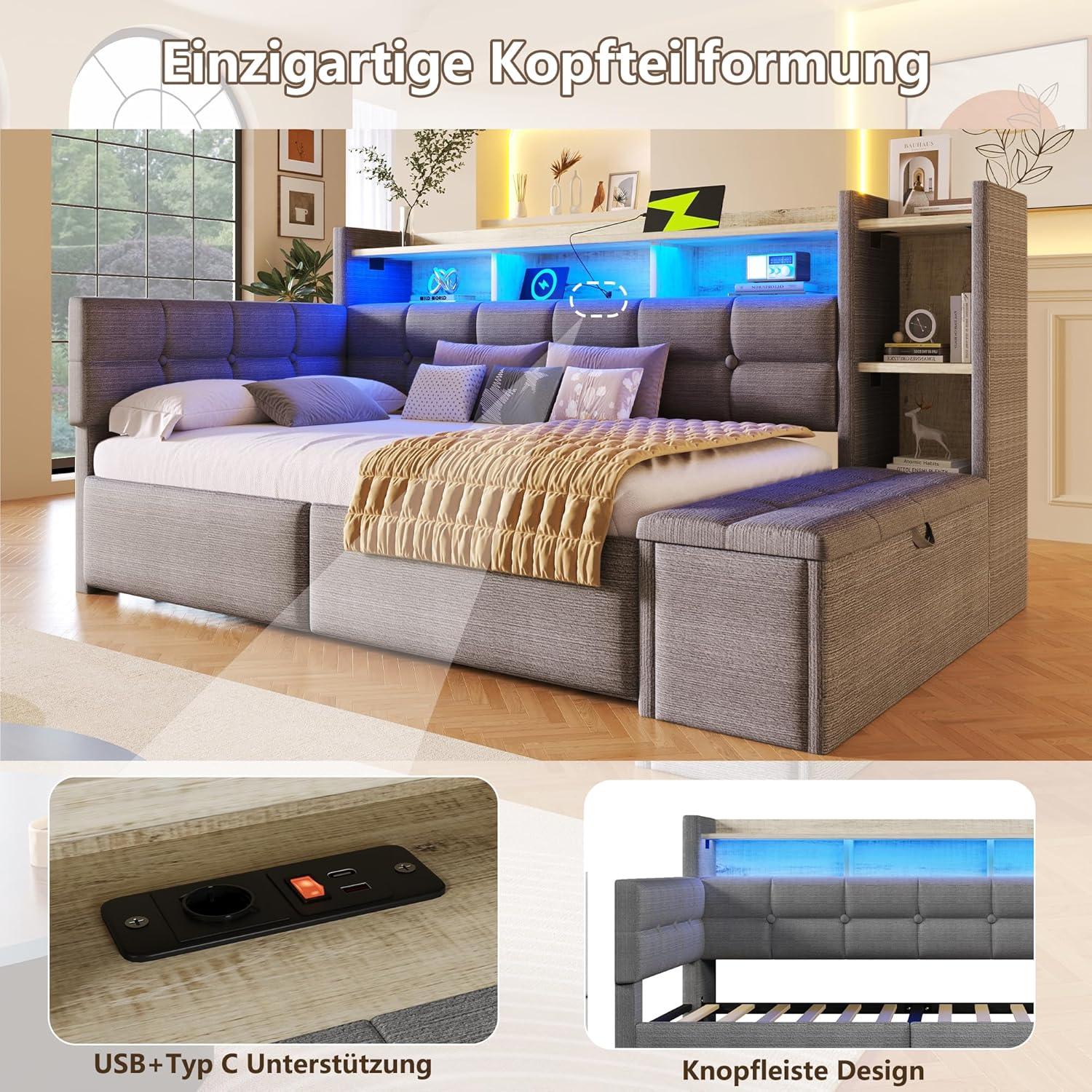 Tagesbett, Daybett, Schlafsofa, 90×190cm, mit Zwei Schubladen, USB- und Typ-C-Anschlüssen, Ablagefach, Stauraumbank am Fußende, LED-Lichtleiste, Ohne Matratze, Samt (Dunkelgrau)