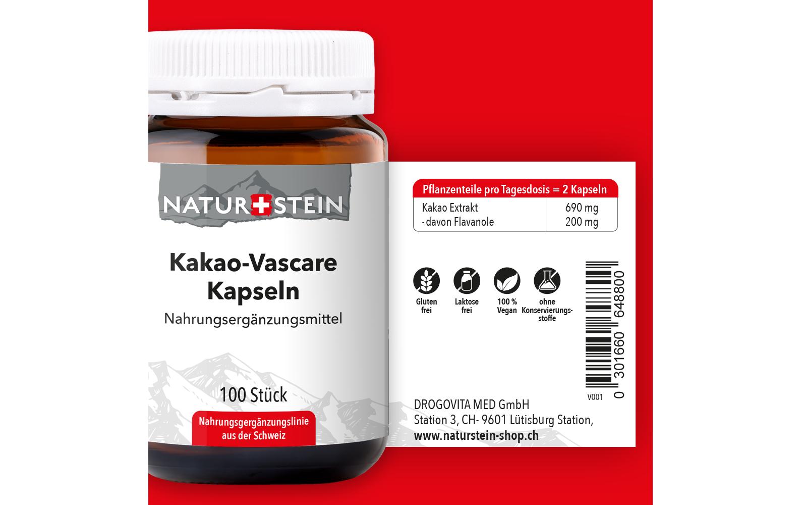 Kakao-Vascare 100 KapselnMit Kakaoflavanolen, welche die Elastizität der Blutgefässe fördern