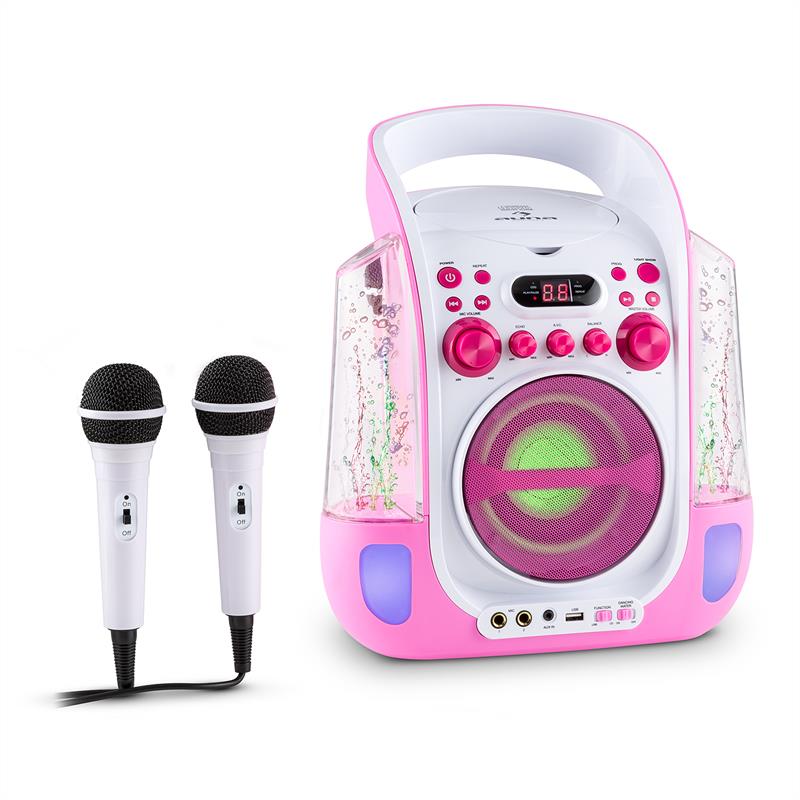Kara Liquida Karaokeanlage CD USB MP3 Wasserstrahl LED 2x Mikro mobil Pink