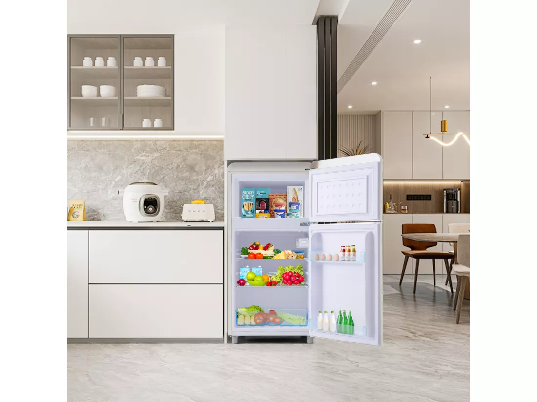 Réfrigérateur rétro, réfrigérateur à double porte supérieure et inférieure, volume total de 72 litres, avec volume de congélation de 21 litres, 120 kWh/an, éclairage LED