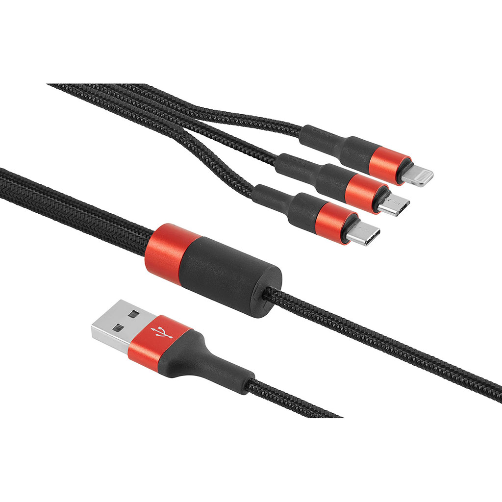 Câble de charge nylon 3 en 1 noir 1m