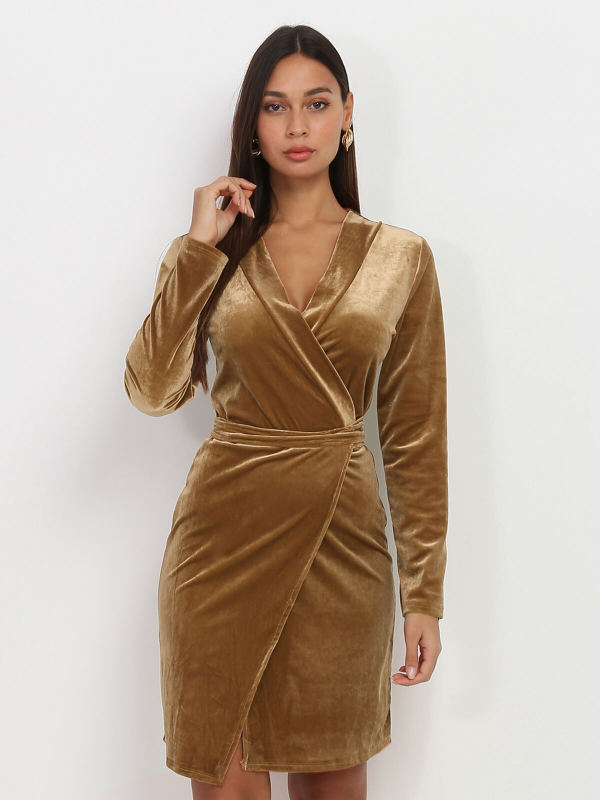 Robe portefeuille en velours- Camel