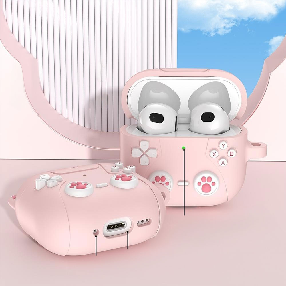 AirPods 4 Gummi Schutzhülle Retro Spielekonsole mit Katzenohren Abdeckung mit Karabinerhaken - Rosa