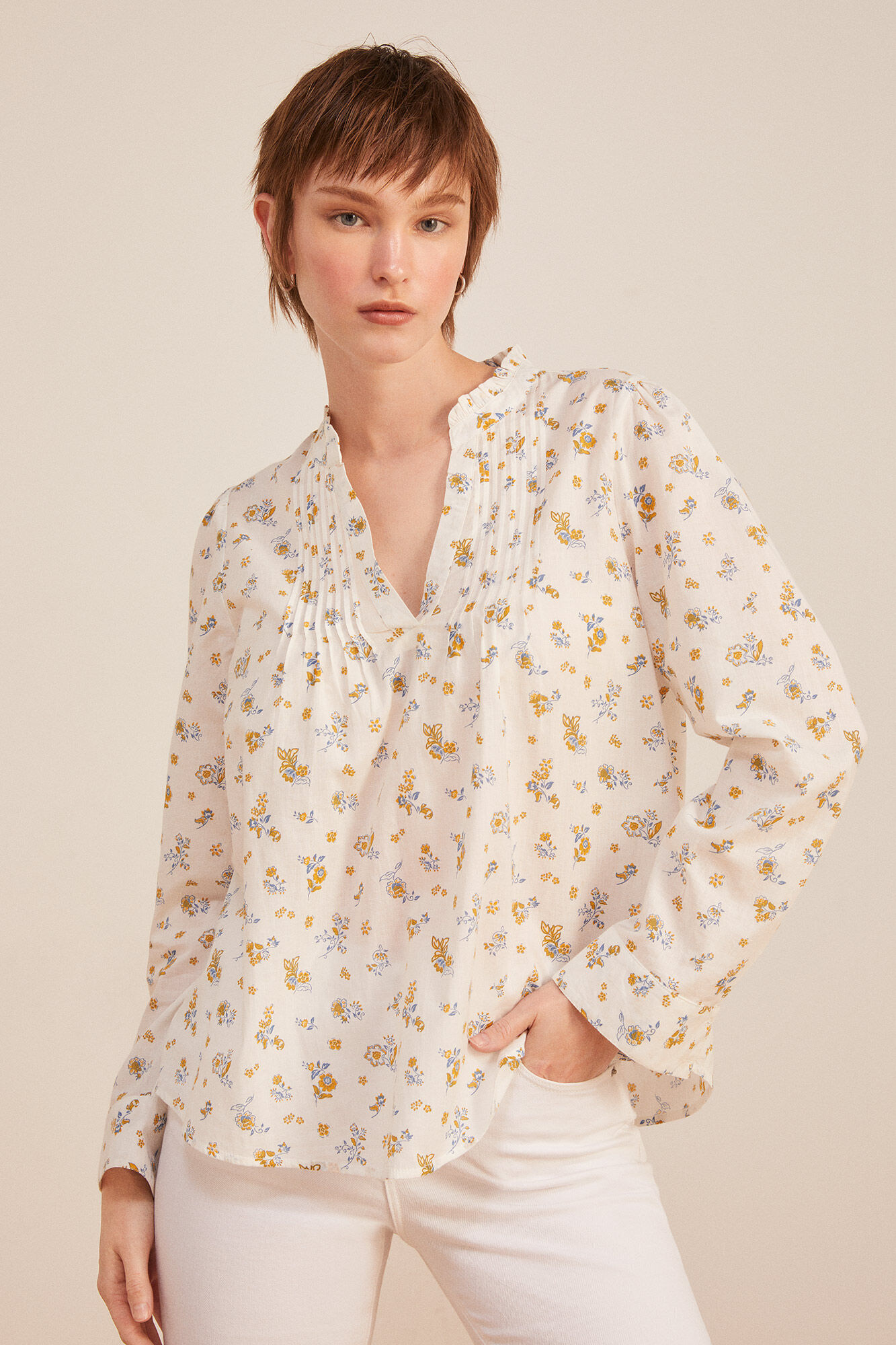 Blusa de algodão estampada com pregas - Marrom
