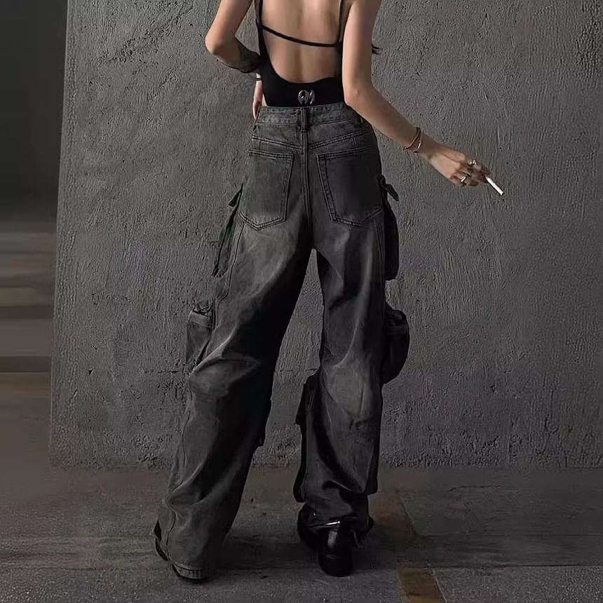 Jerolenea - High Rise Washed Wide Leg Cargo Jeans