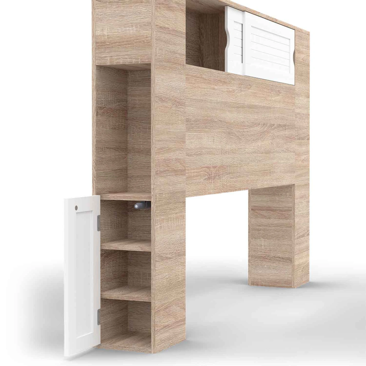 Tête de lit sur pied SALEM 145 cm avec rangements fermés et niches bois et blanc