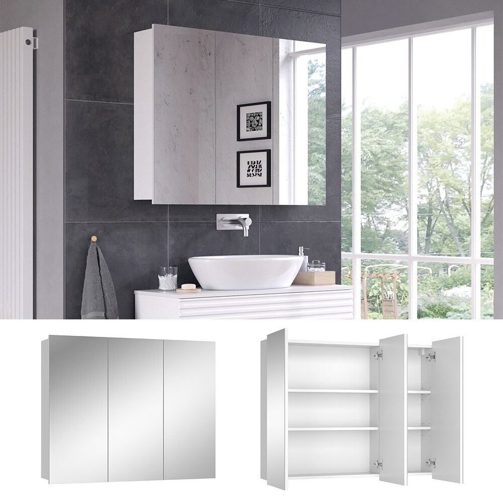 Vicco Spiegelschrank Sola 100 x 79,8 cm, Weiß, Schrank mit 3 Türen, Badezimmer