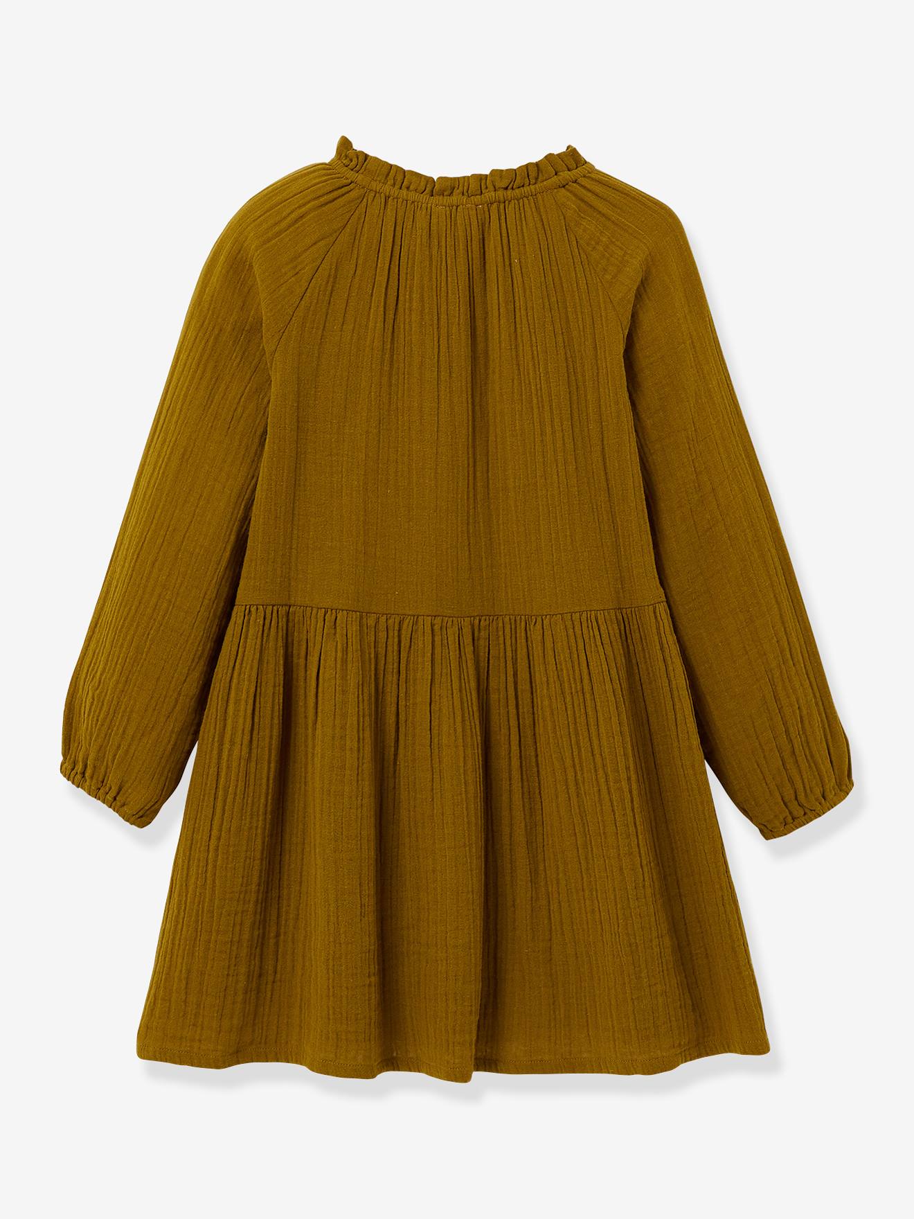 Vestido infantil CYRILLUS em chiffon de algodão com gola alta, verde salgueiro.