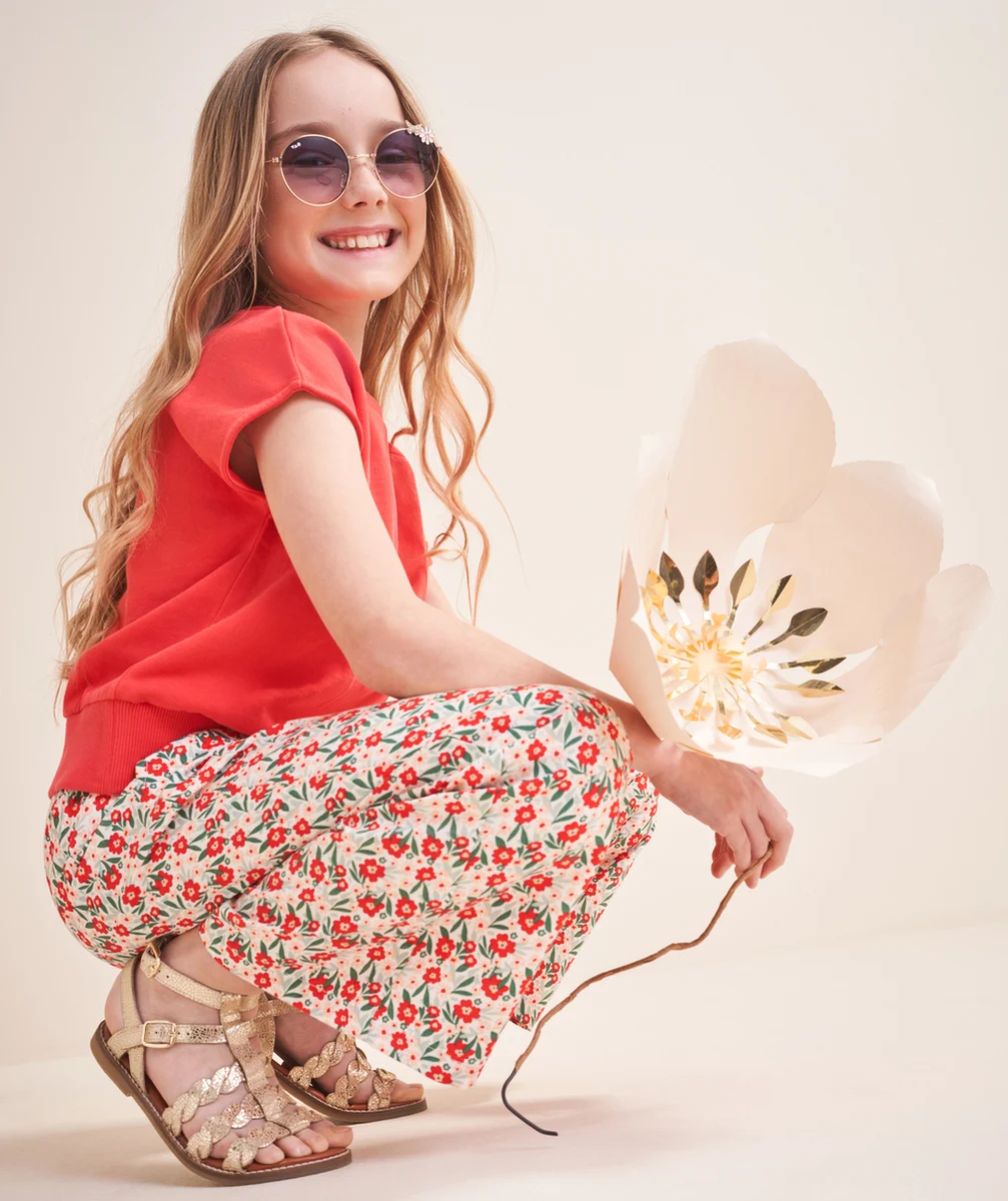 pantalon large fille en viscose responsable imprimé à fleurs