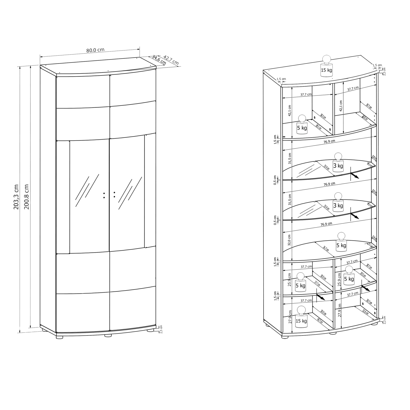 Vitrine GATE - weiß Hochglanz - anthrazit - 203 cm