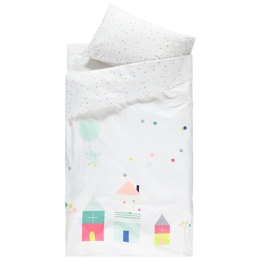 Set housse de couette et taie d'oreiller à pois et maisons printés - Ecru