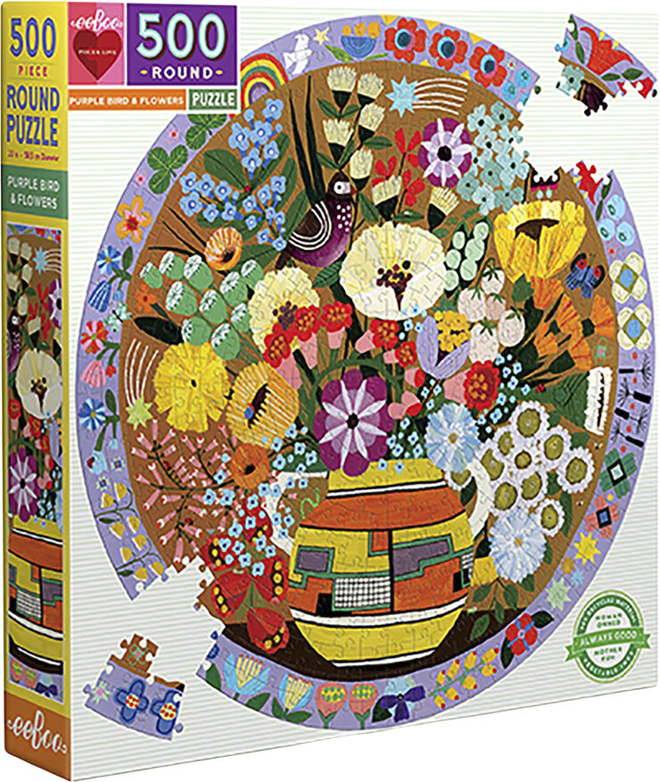 eeBoo eeBoo - Rundt puslespil 500 brk - Purple Bird and Flowers