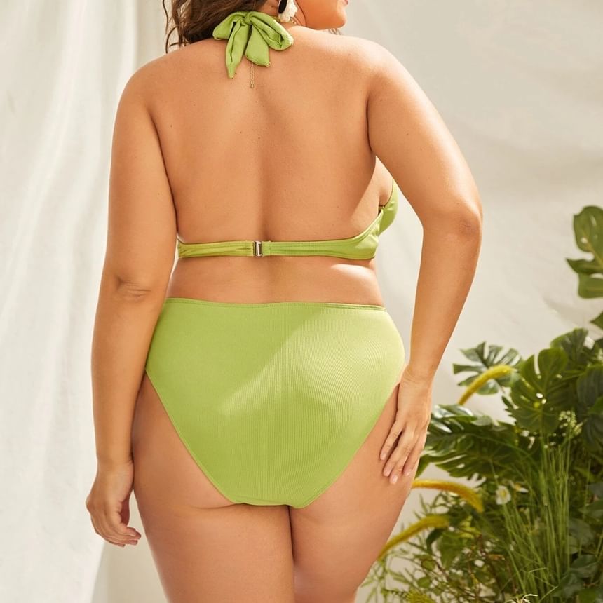 uliaque - Plus Size Set: Halter Halter Halter Bikini Top met Open Rug en Geribbelde Halter